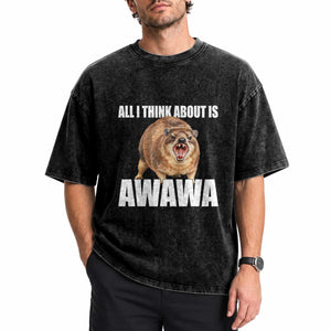 Funny Hyrax Meme Washed Cotton T-Shirt All I Think About Is Awawa