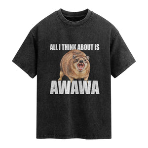 Funny Hyrax Meme Washed Cotton T-Shirt All I Think About Is Awawa
