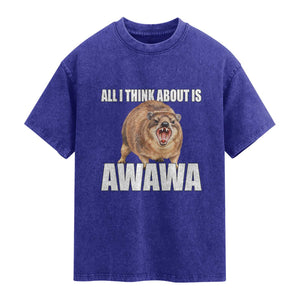 Funny Hyrax Meme Washed Cotton T-Shirt All I Think About Is Awawa