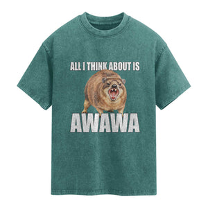 Funny Hyrax Meme Washed Cotton T-Shirt All I Think About Is Awawa