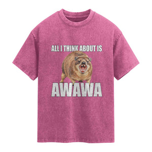 Funny Hyrax Meme Washed Cotton T-Shirt All I Think About Is Awawa
