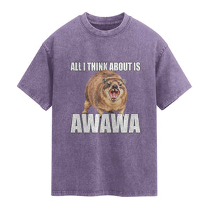 Funny Hyrax Meme Washed Cotton T-Shirt All I Think About Is Awawa