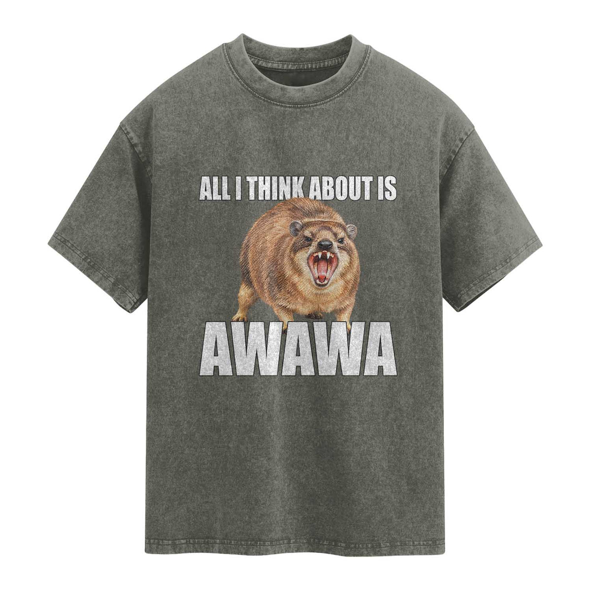 Funny Hyrax Meme Washed Cotton T-Shirt All I Think About Is Awawa