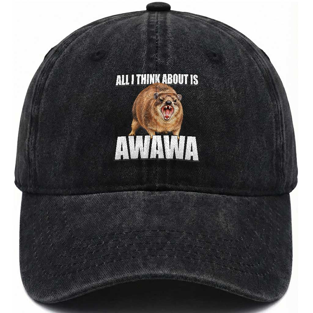 Funny Hyrax Meme Washed Cotton Baseball Cap All I Think About Is Awawa