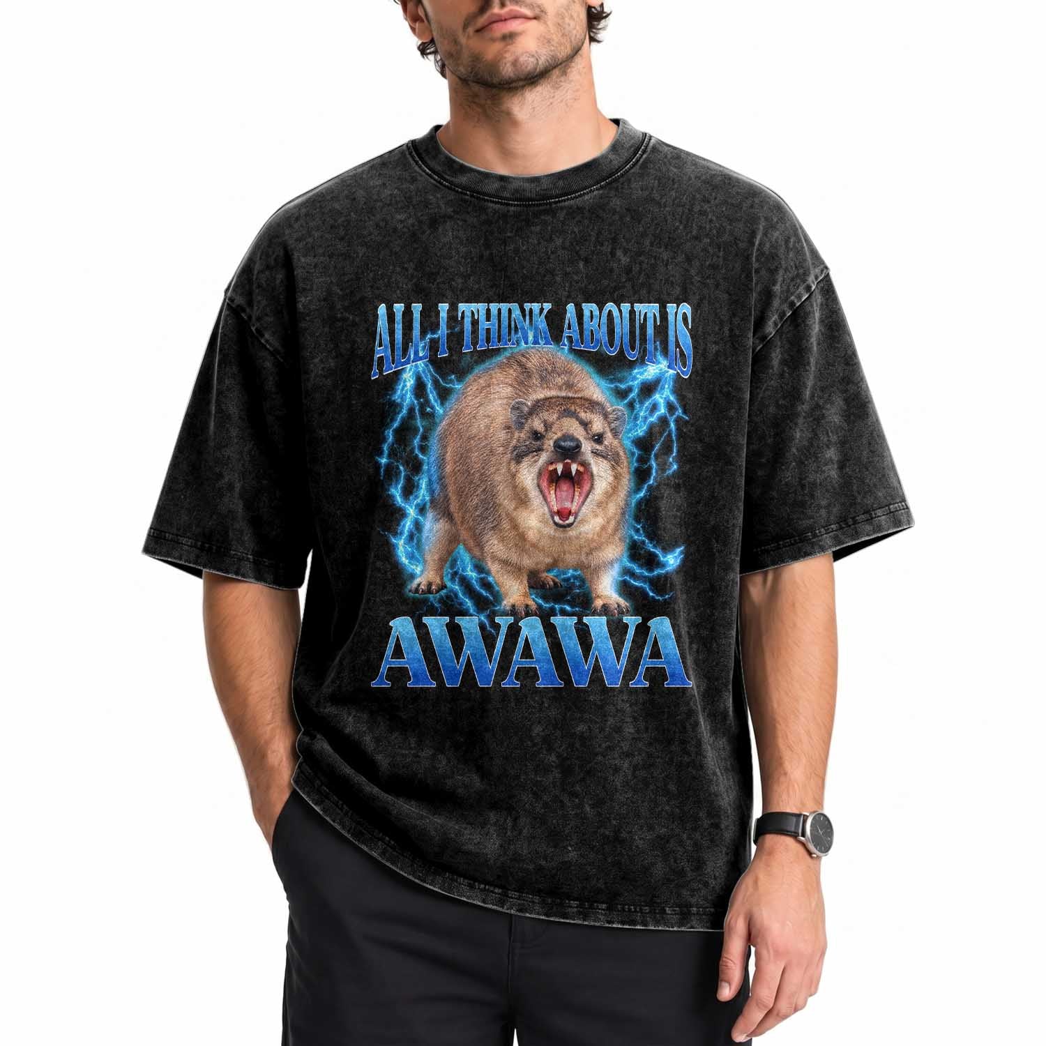 Funny Hyrax Meme Washed Cotton T-Shirt All I Think About Is Awawa Meme 90s Bootleg Vintage Graphic