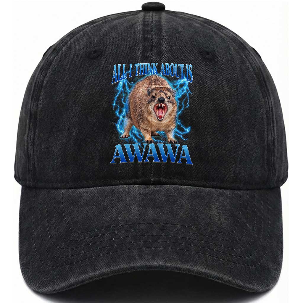 Funny Hyrax Meme Washed Cotton Baseball Cap All I Think About Is Awawa Meme 90s Bootleg Vintage Graphic