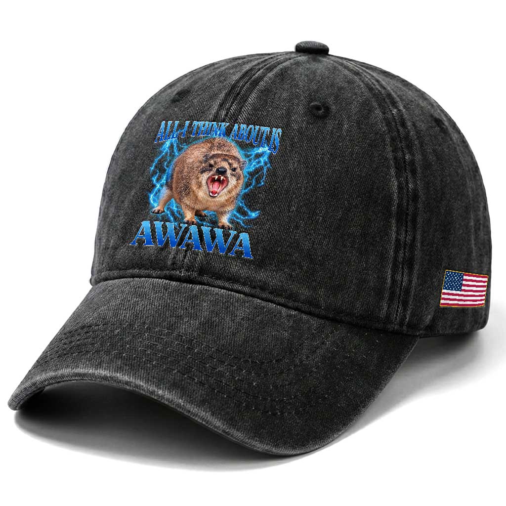 Funny Hyrax Meme Washed Cotton Baseball Cap All I Think About Is Awawa Meme 90s Bootleg Vintage Graphic