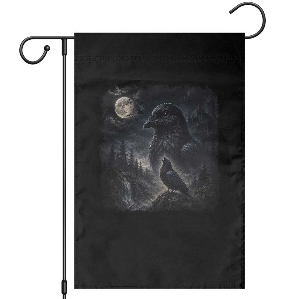 Gothic Raven Howling to the Moon Garden Flag Vintage Crow Black Bird Castle Dark Fantasy Forest Graphic