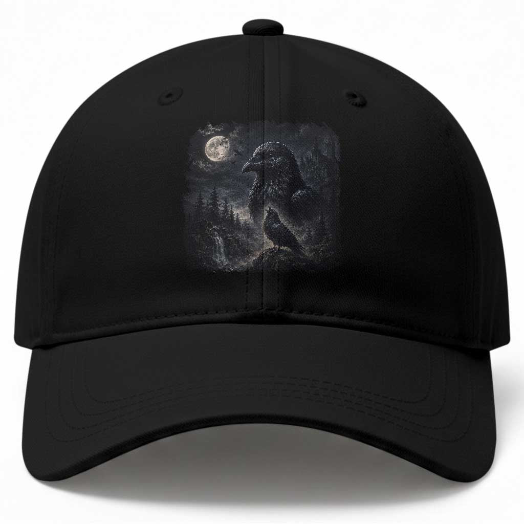 Gothic Raven Howling to the Moon Baseball Cap Vintage Crow Black Bird Castle Dark Fantasy Forest Graphic