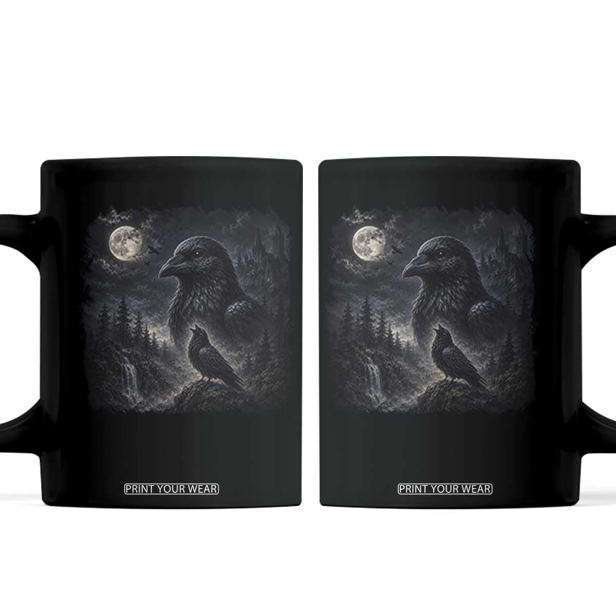 Gothic Raven Howling to the Moon Coffee Mug Vintage Crow Black Bird Castle Dark Fantasy Forest Graphic