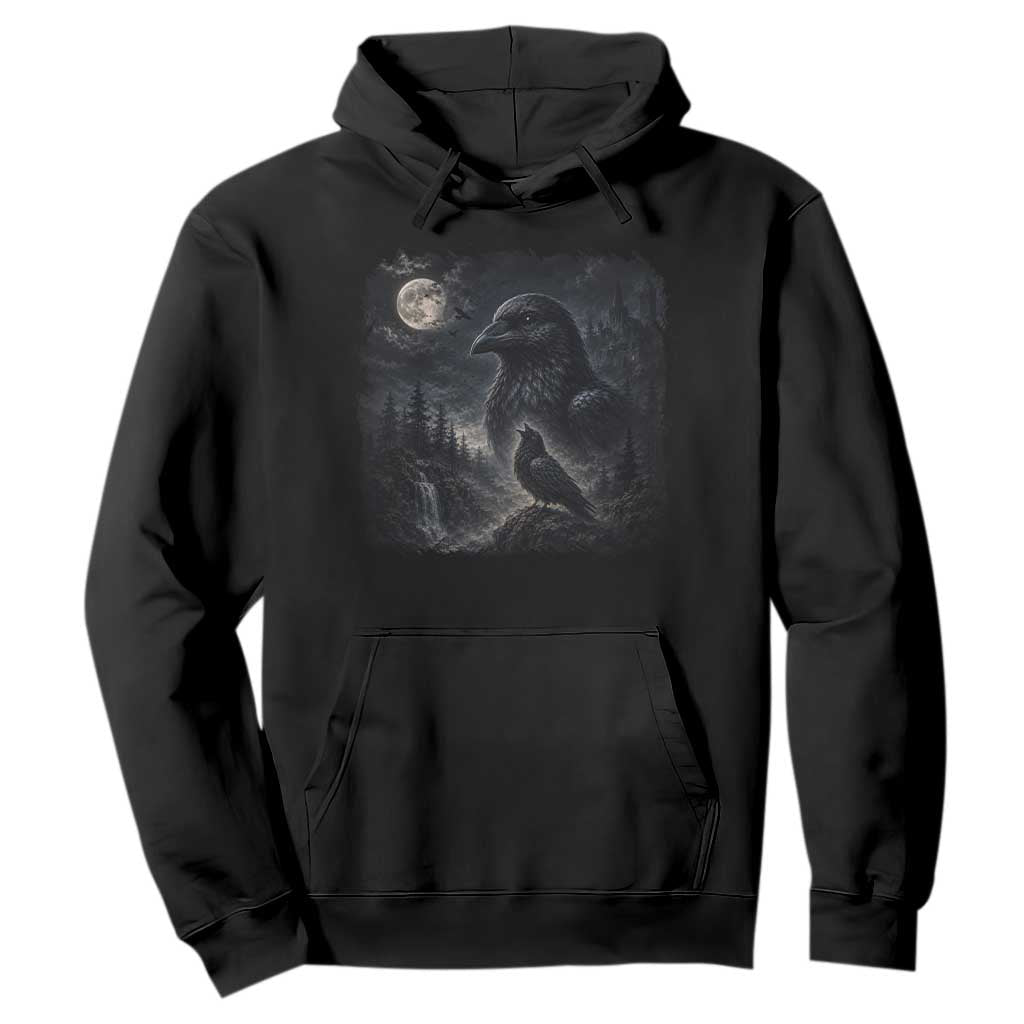 Gothic Raven Howling to the Moon Hoodie Vintage Crow Black Bird Castle Dark Fantasy Forest Graphic