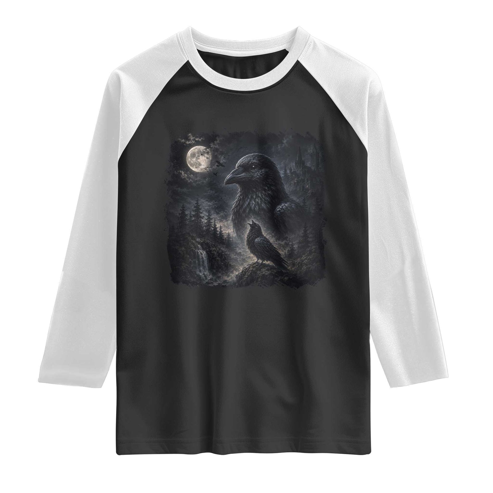Gothic Raven Howling to the Moon Raglan Shirt Vintage Crow Black Bird Castle Dark Fantasy Forest Graphic