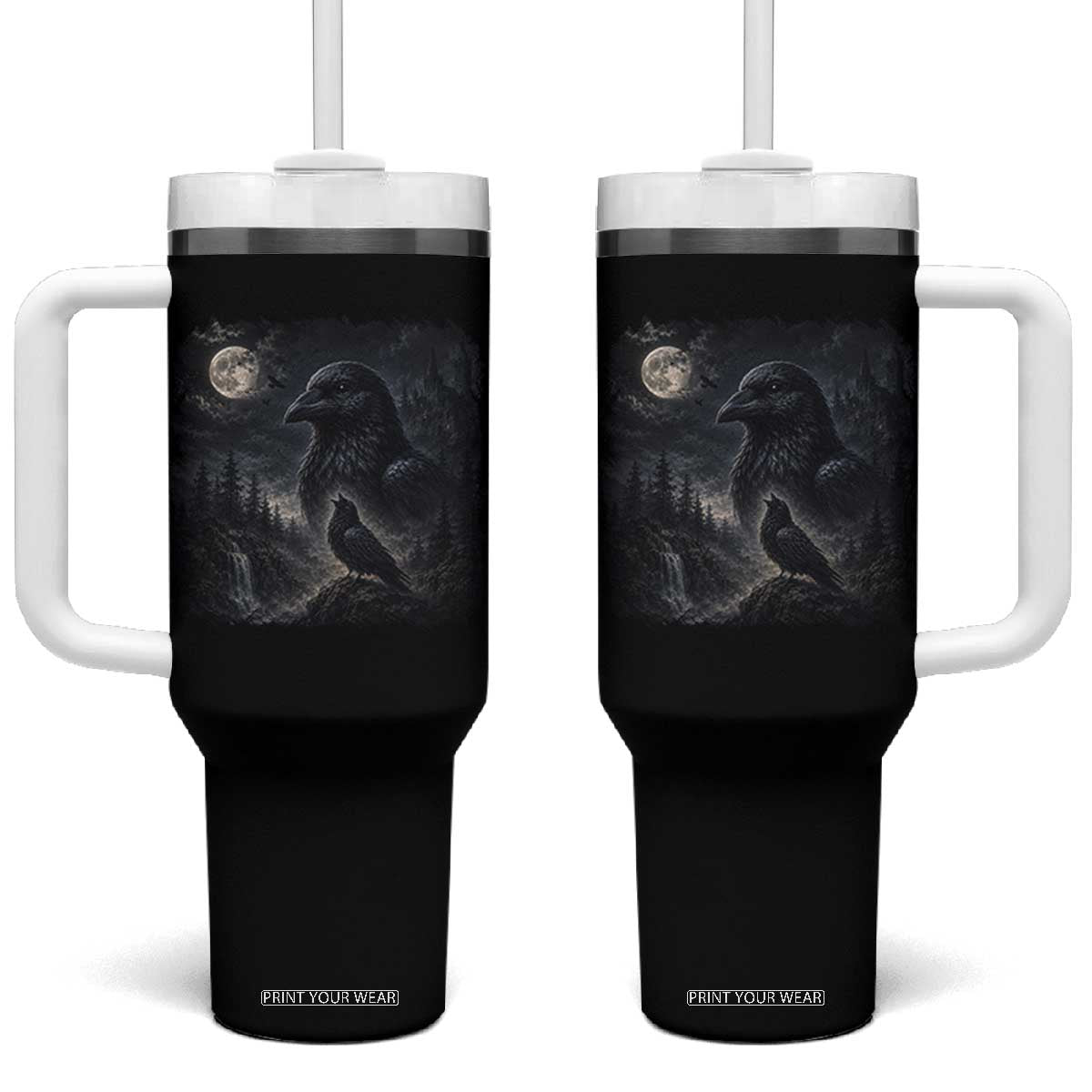 Gothic Raven Howling to the Moon Tumbler With Handle Vintage Crow Black Bird Castle Dark Fantasy Forest Graphic