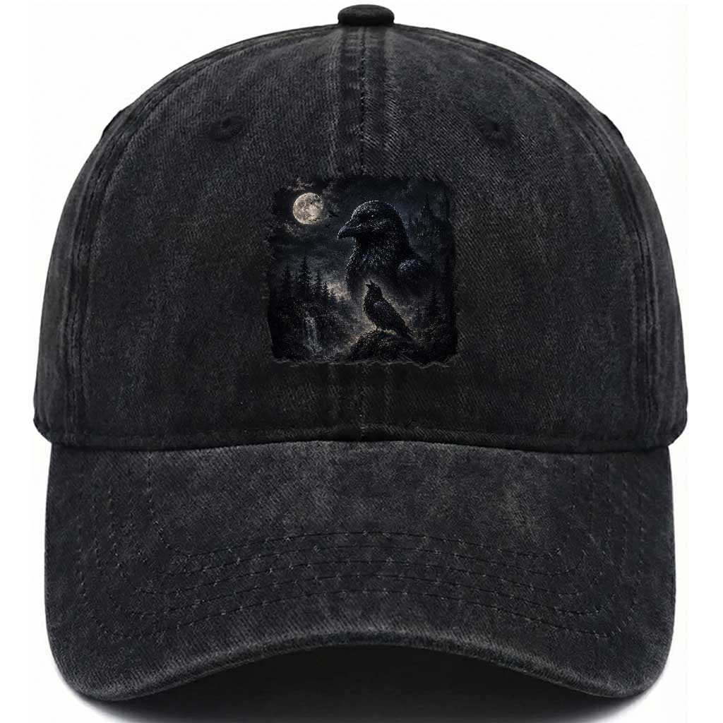 Gothic Raven Howling to the Moon Washed Cotton Baseball Cap Vintage Crow Black Bird Castle Dark Fantasy Forest Graphic