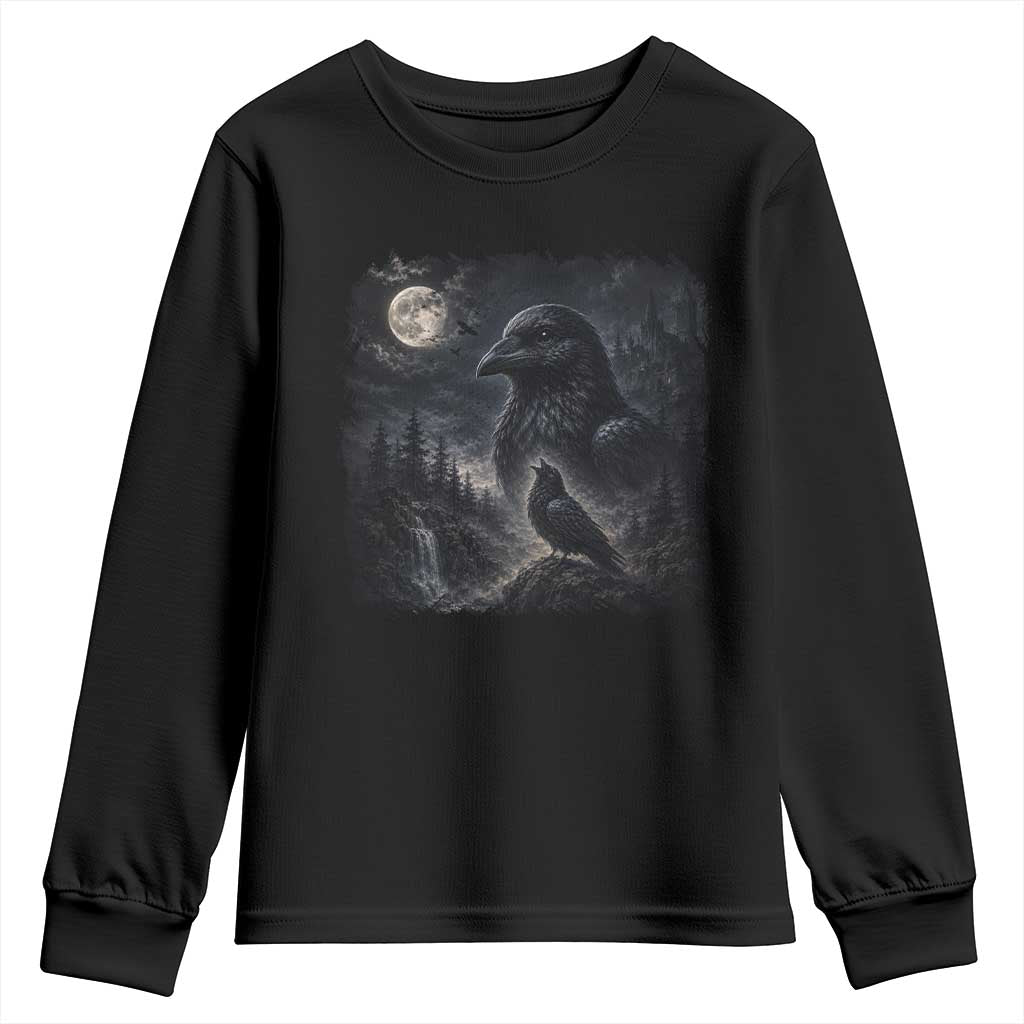 Gothic Raven Howling to the Moon Youth Sweatshirt Vintage Crow Black Bird Castle Dark Fantasy Forest Graphic