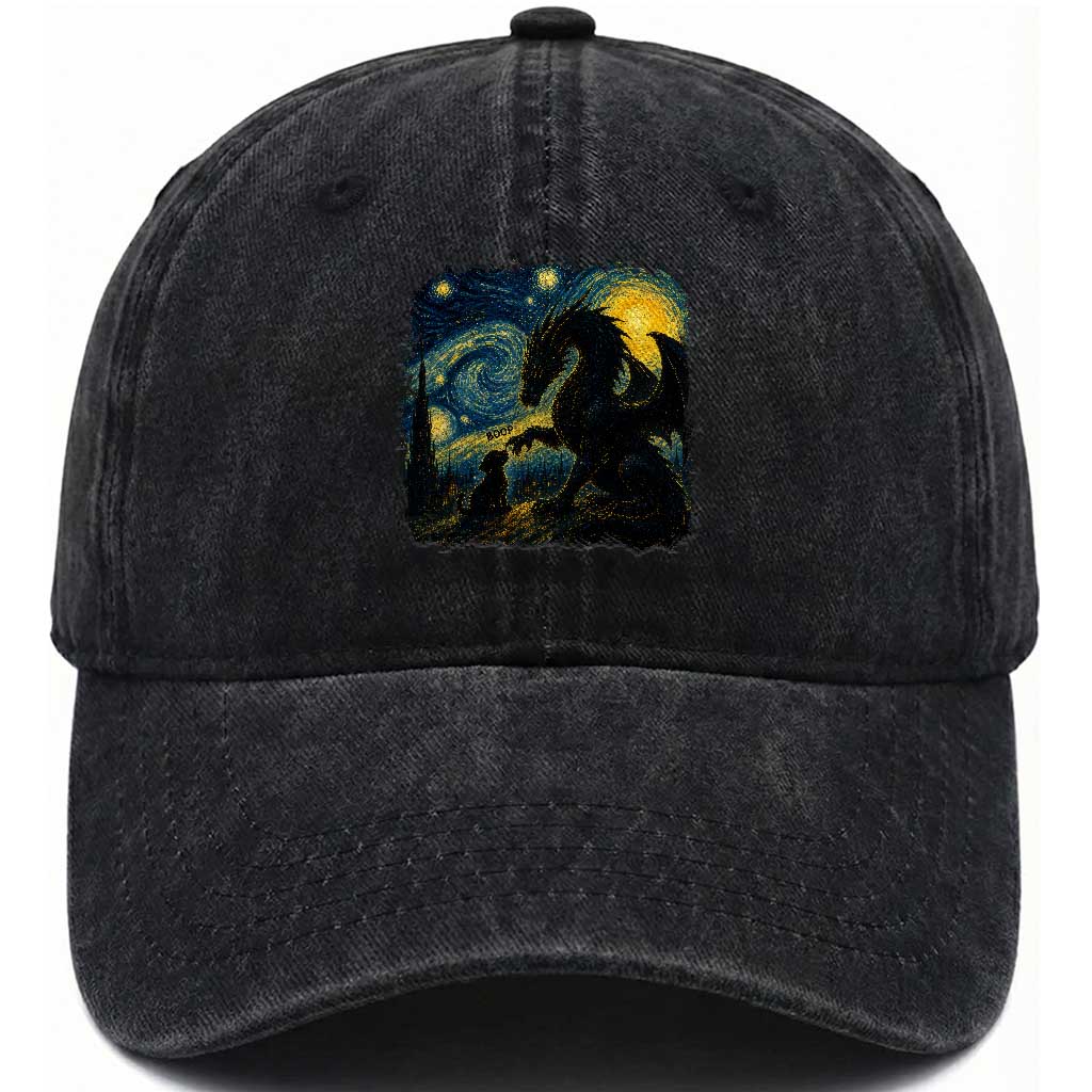 Dragon Boop Dog Starry Night Washed Cotton Baseball Cap Cute Fantasy Night Van Gogh Parody Graphic