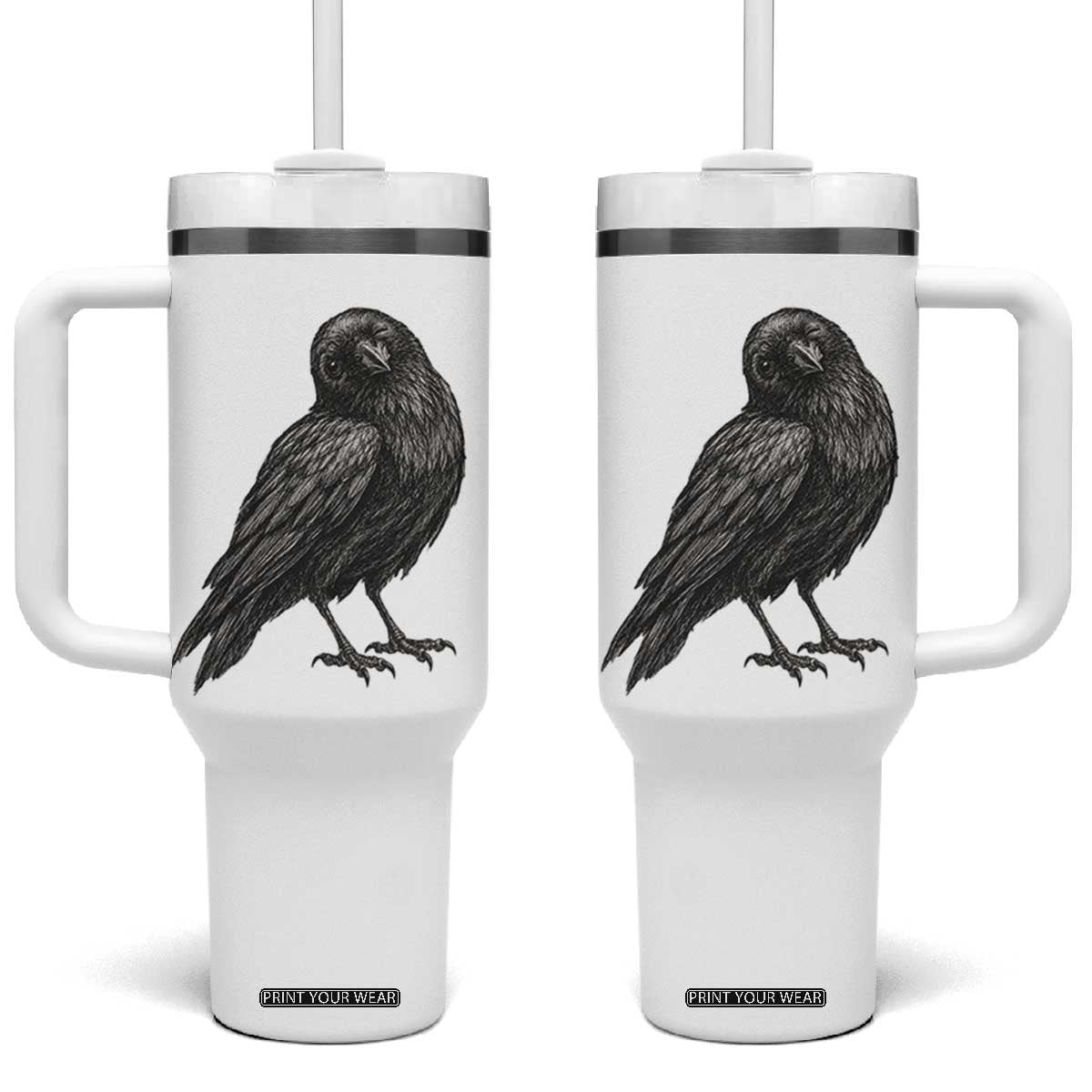 Winking Raven Crow Tumbler With Handle Vintage Dark Academia Funny Bird Graphic TS10 One Size: 40 oz White Print Your Wear