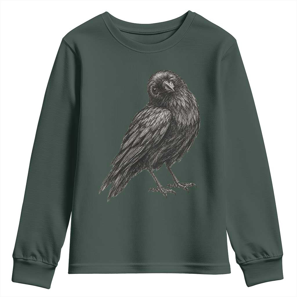 Winking Raven Crow Youth Sweatshirt Vintage Dark Academia Funny Bird Graphic TS10 Dark Forest Green Print Your Wear