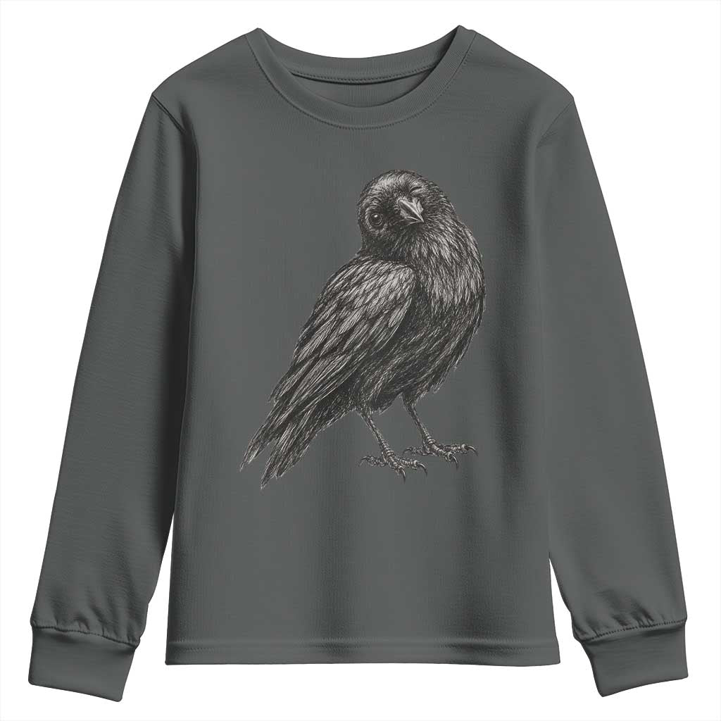 Winking Raven Crow Youth Sweatshirt Vintage Dark Academia Funny Bird Graphic TS10 Dark Heather Print Your Wear