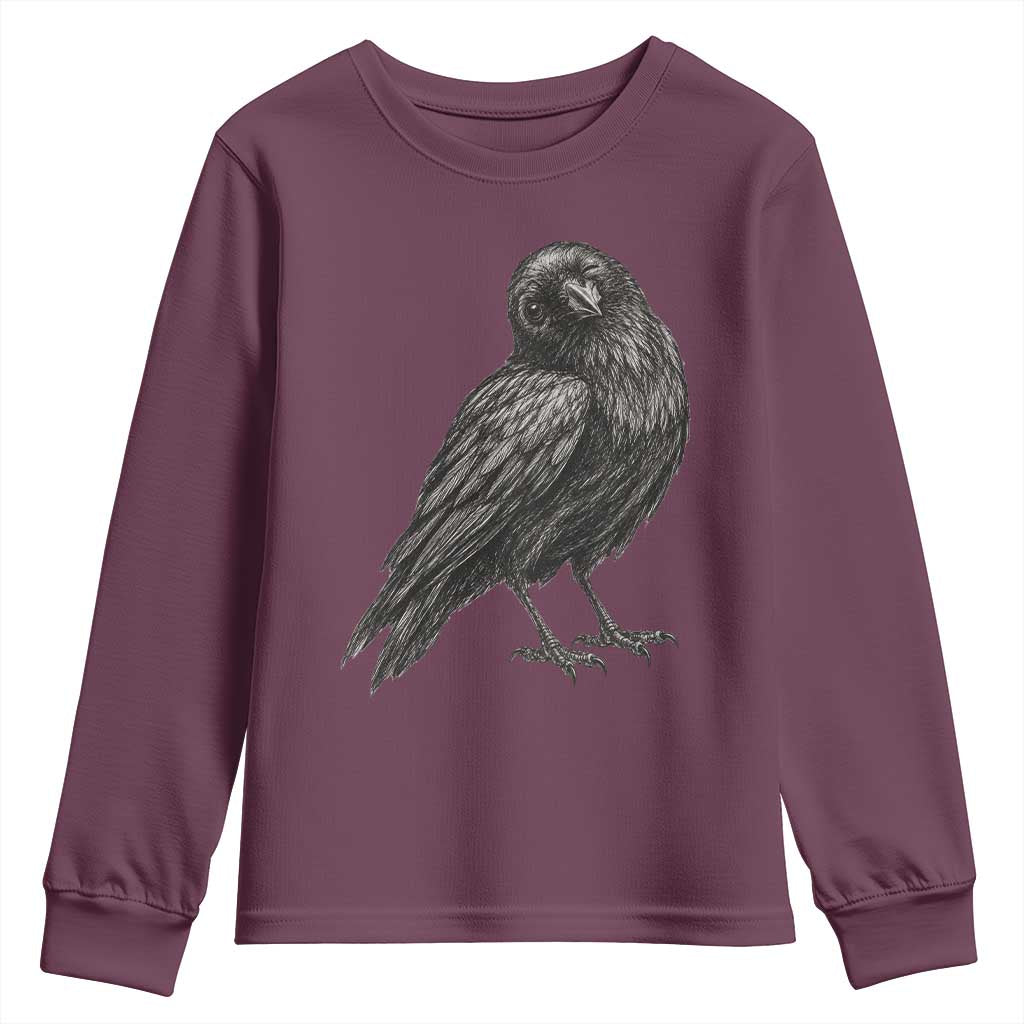Winking Raven Crow Youth Sweatshirt Vintage Dark Academia Funny Bird Graphic TS10 Maroon Print Your Wear