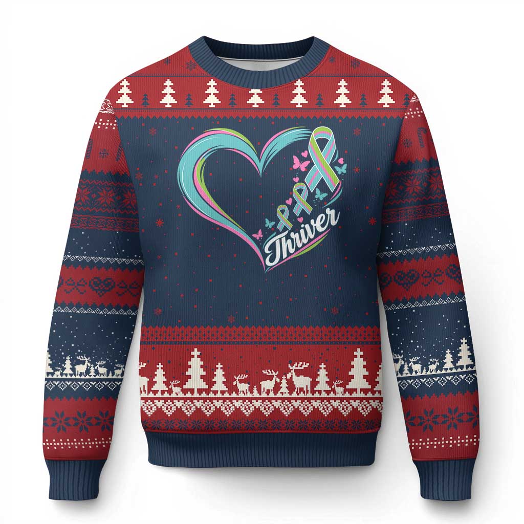 Metastatic Breast Cancer Thriver Ugly Christmas Sweater Heart Ribbon Graphic