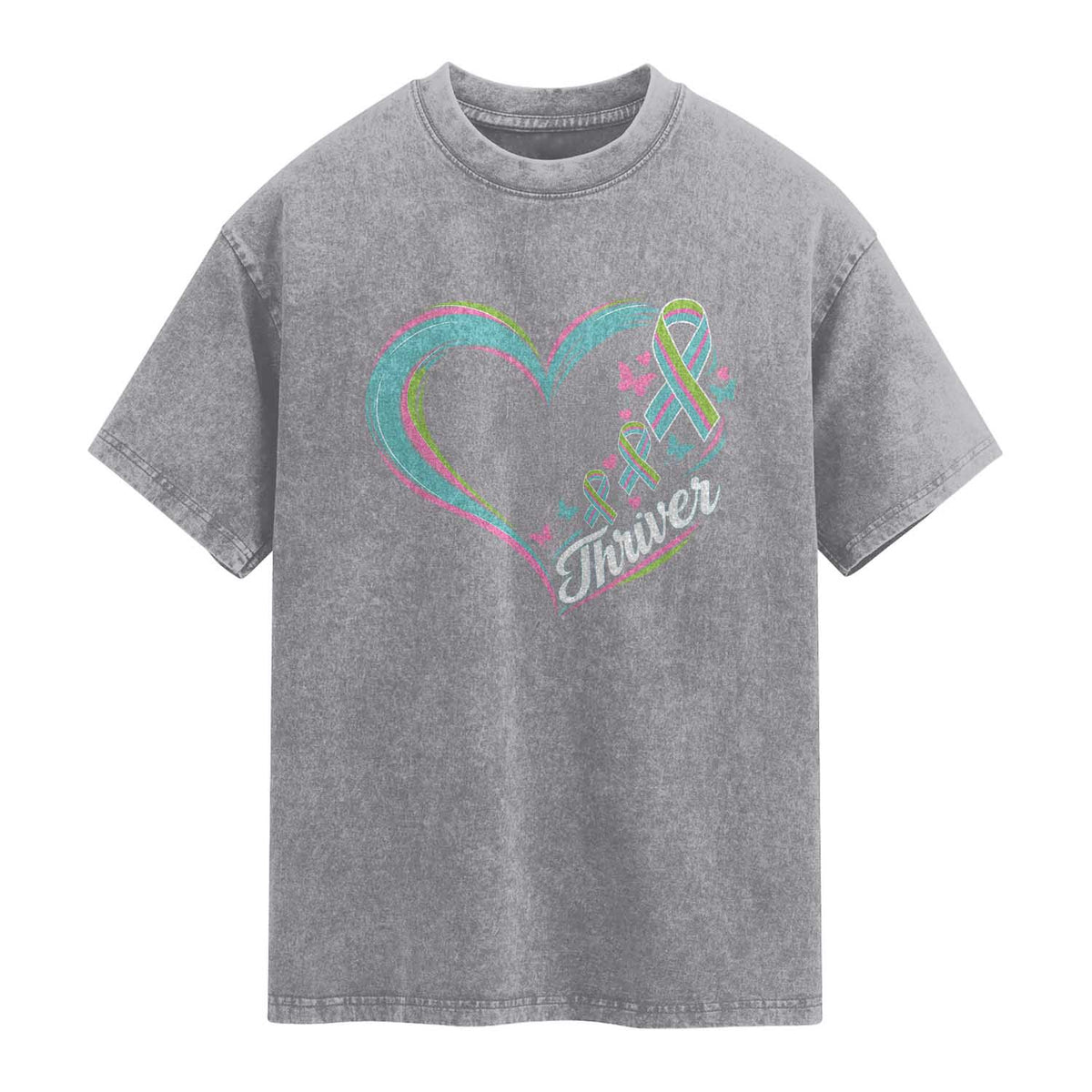 Metastatic Breast Cancer Thriver Washed Cotton T-Shirt Heart Ribbon Graphic