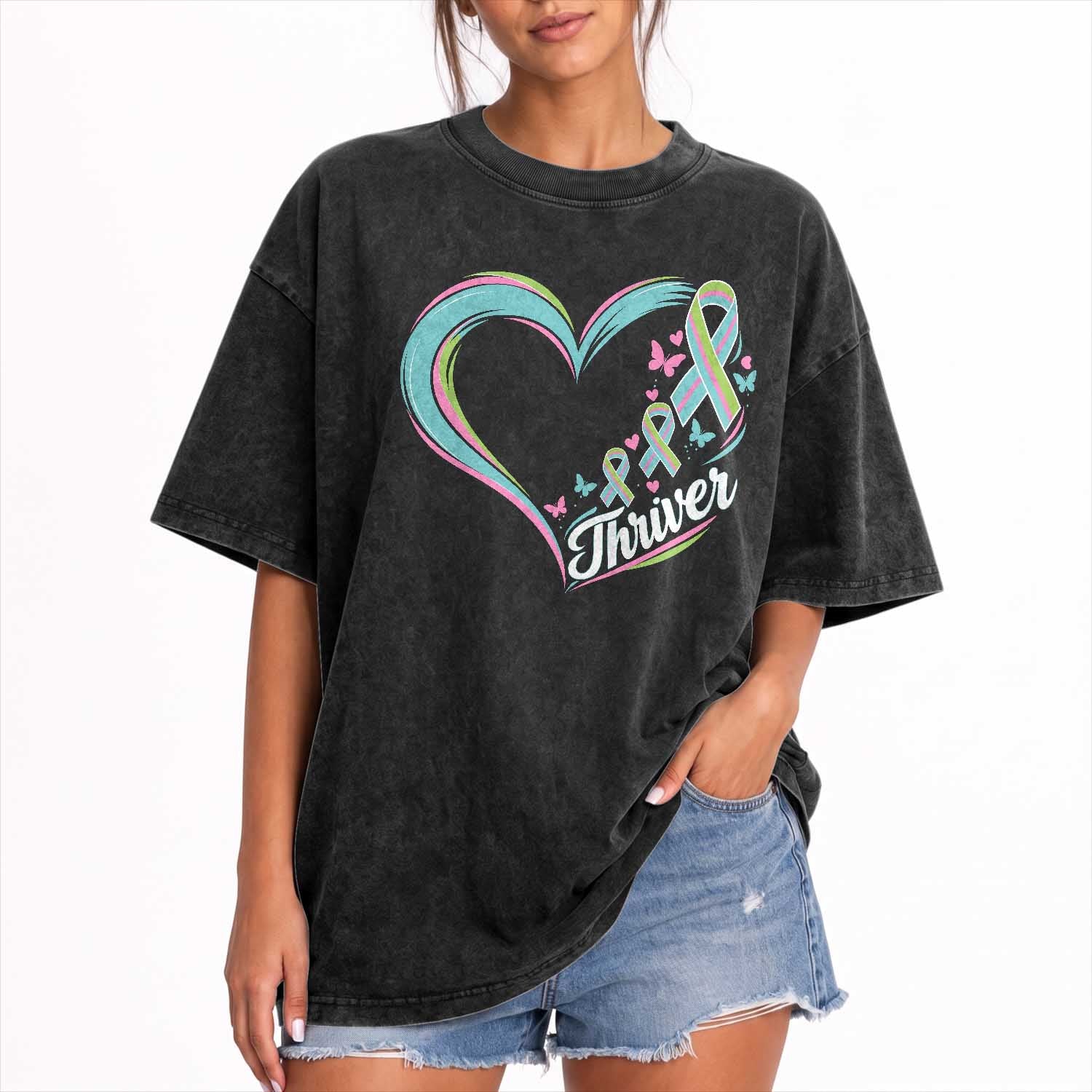 Metastatic Breast Cancer Thriver Washed Cotton T-Shirt Heart Ribbon Graphic