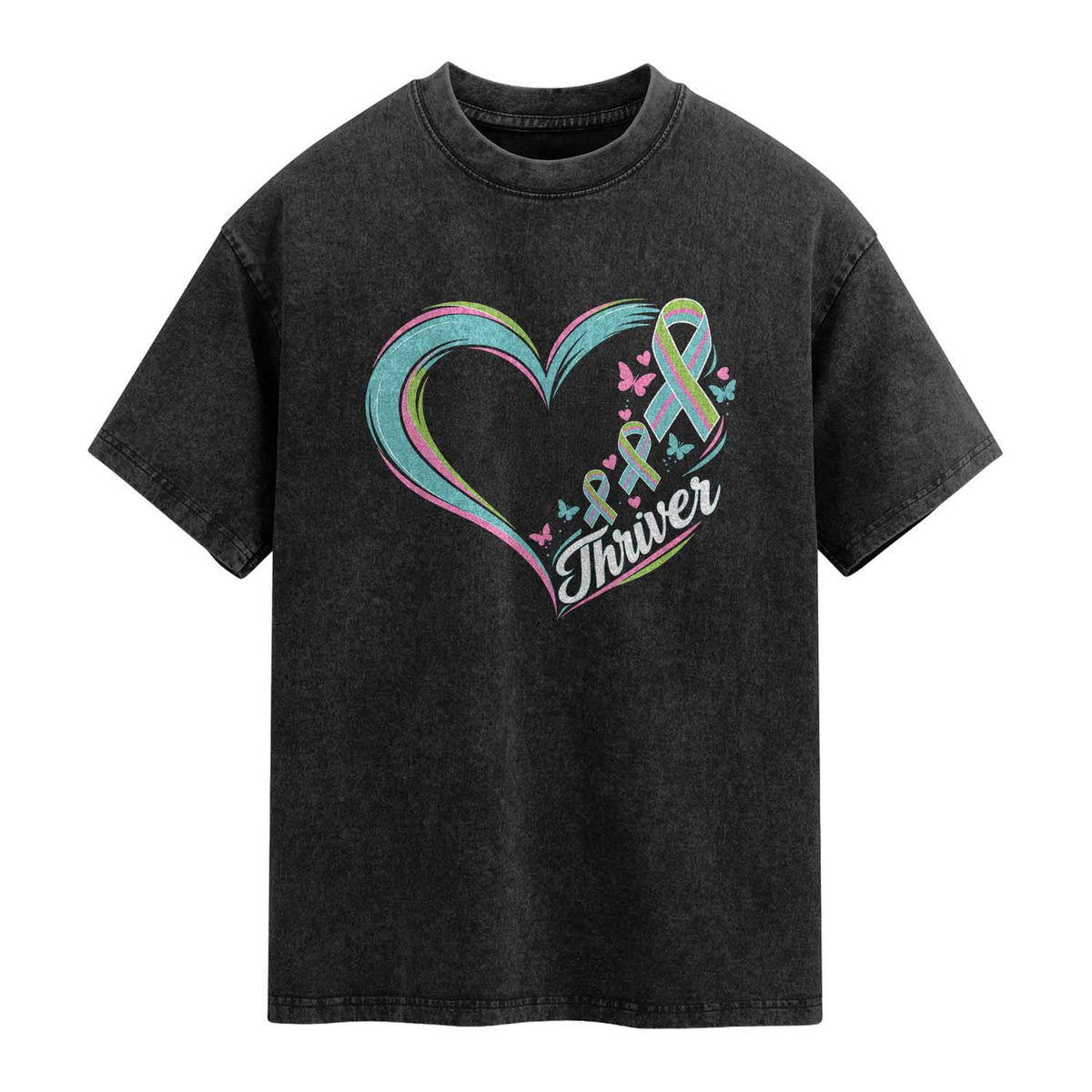 Metastatic Breast Cancer Thriver Washed Cotton T-Shirt Heart Ribbon Graphic