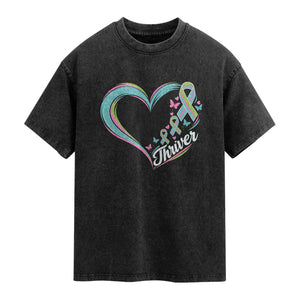 Metastatic Breast Cancer Thriver Washed Cotton T-Shirt Heart Ribbon Graphic