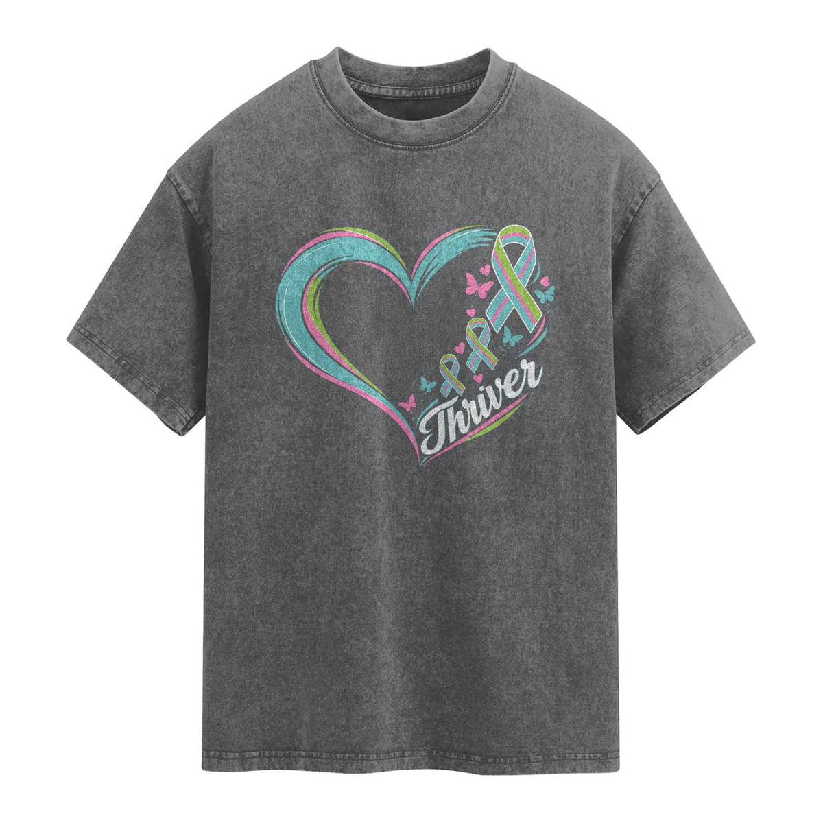 Metastatic Breast Cancer Thriver Washed Cotton T-Shirt Heart Ribbon Graphic