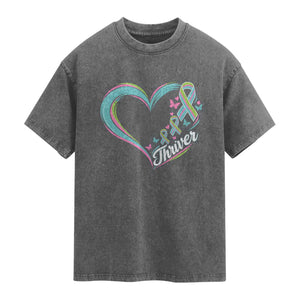 Metastatic Breast Cancer Thriver Washed Cotton T-Shirt Heart Ribbon Graphic