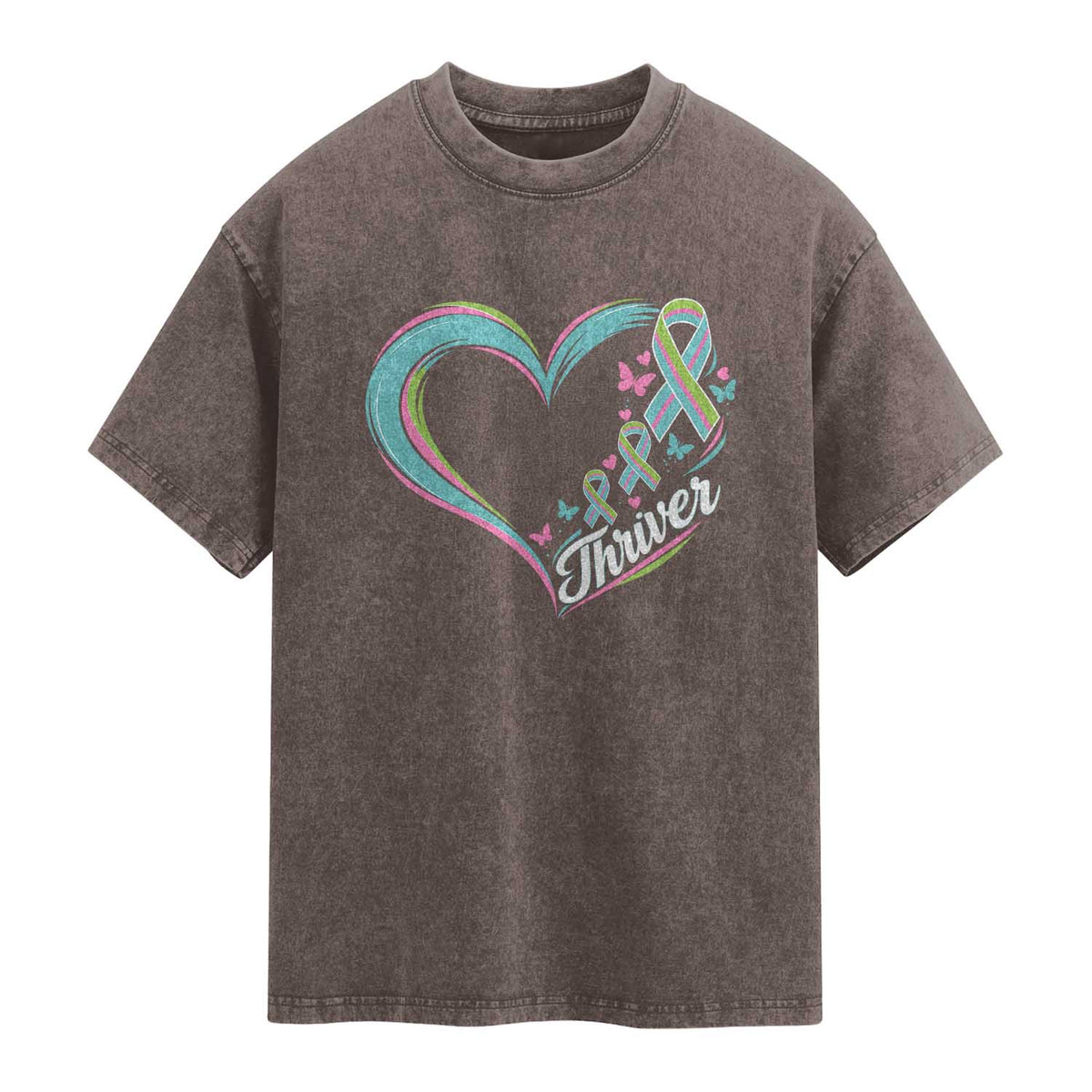 Metastatic Breast Cancer Thriver Washed Cotton T-Shirt Heart Ribbon Graphic