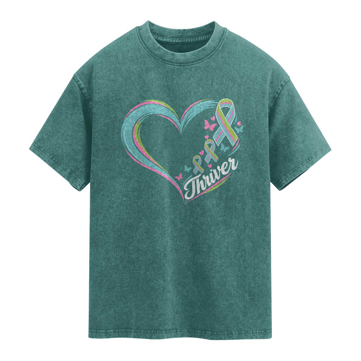 Metastatic Breast Cancer Thriver Washed Cotton T-Shirt Heart Ribbon Graphic