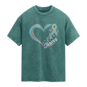 Metastatic Breast Cancer Thriver Washed Cotton T-Shirt Heart Ribbon Graphic