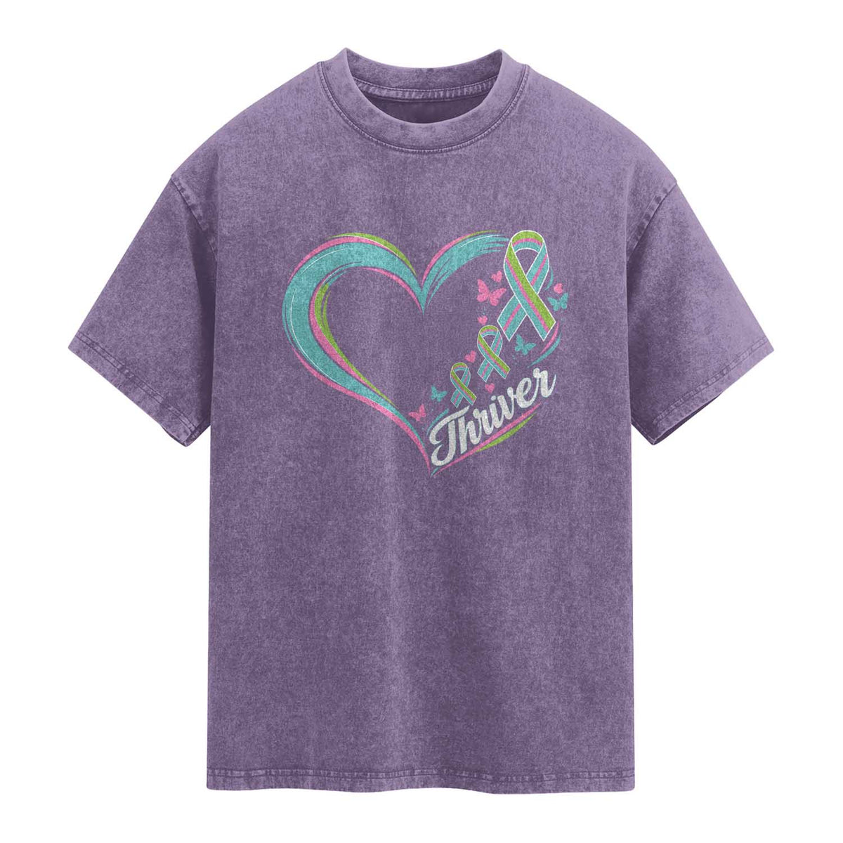 Metastatic Breast Cancer Thriver Washed Cotton T-Shirt Heart Ribbon Graphic