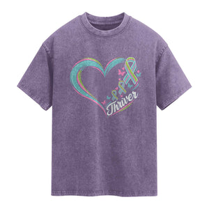Metastatic Breast Cancer Thriver Washed Cotton T-Shirt Heart Ribbon Graphic