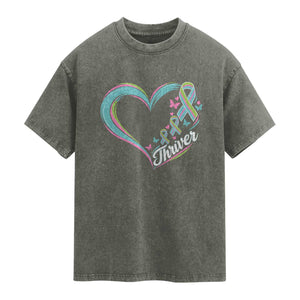 Metastatic Breast Cancer Thriver Washed Cotton T-Shirt Heart Ribbon Graphic