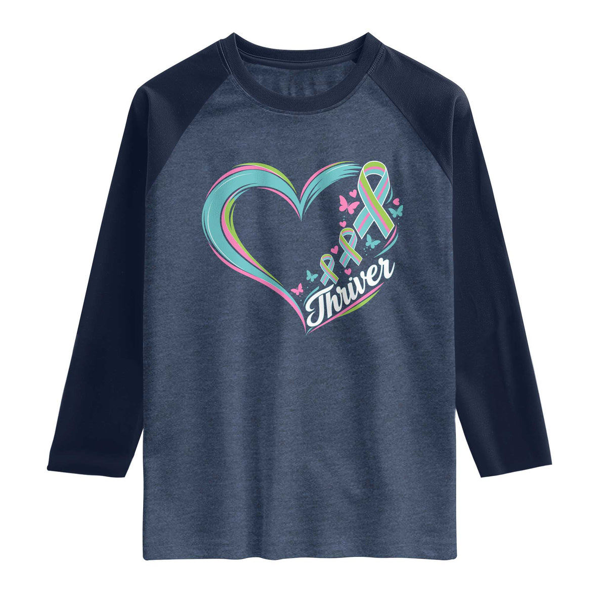 Metastatic Breast Cancer Thriver Raglan Shirt Heart Ribbon Graphic