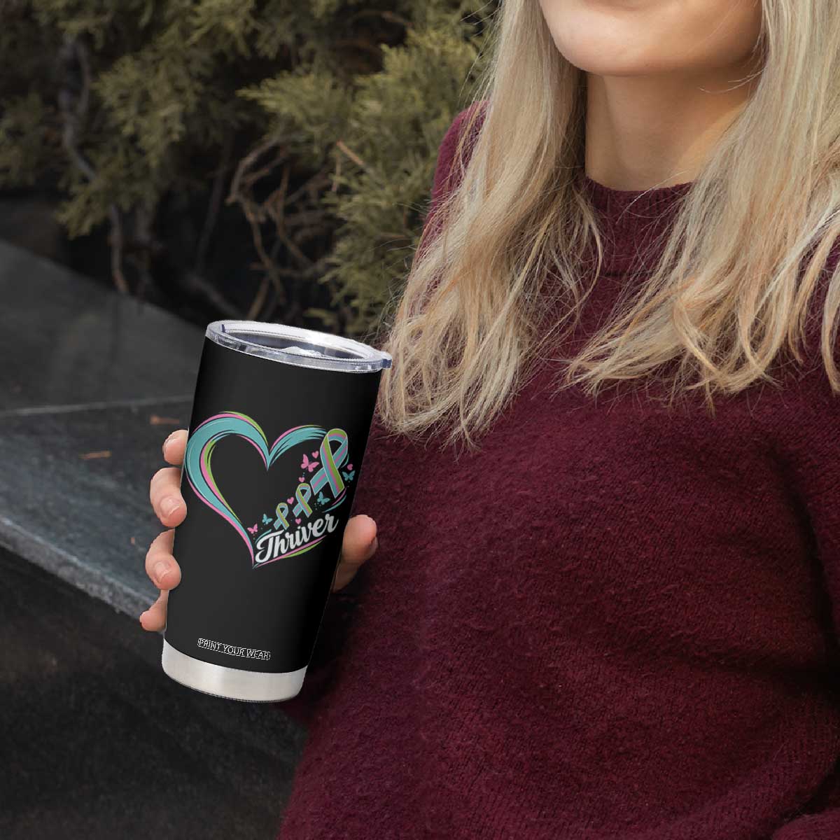 Metastatic Breast Cancer Thriver Tumbler Cup Heart Ribbon Graphic