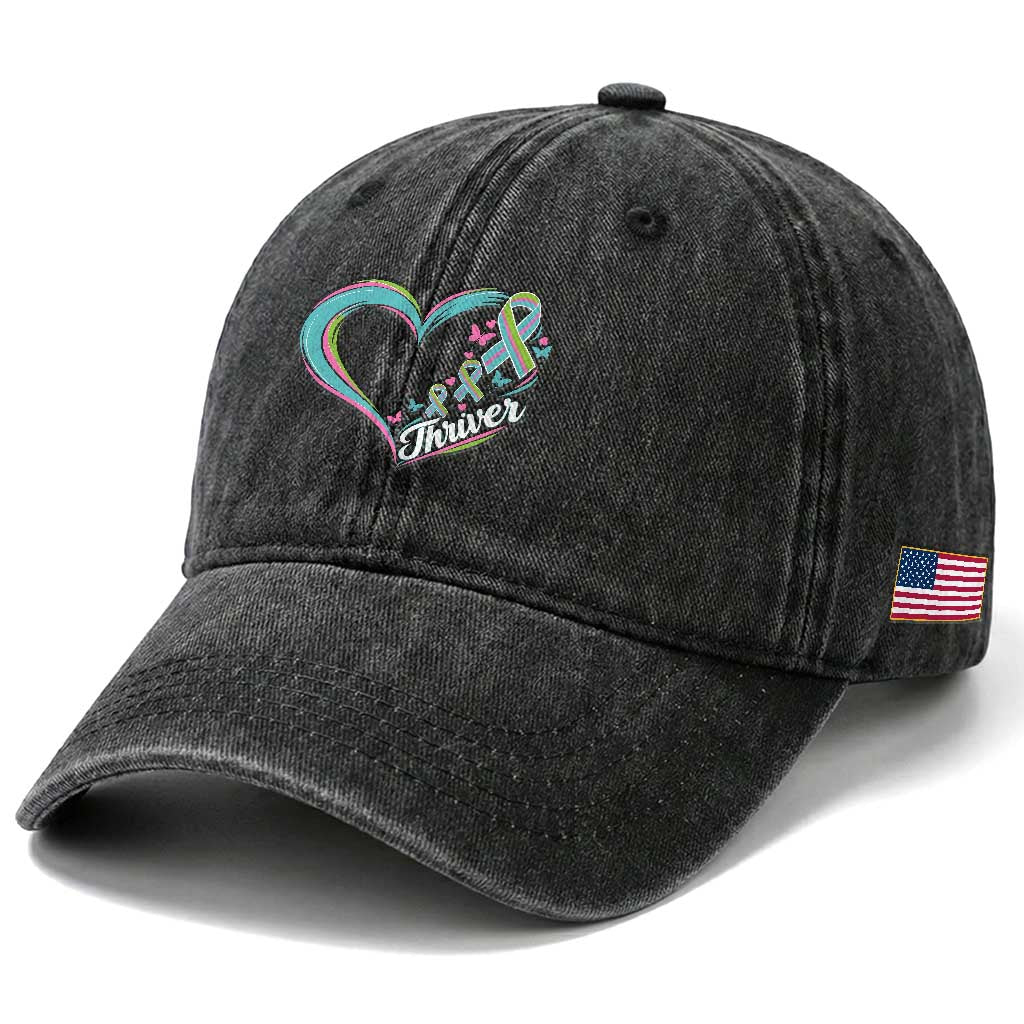 Metastatic Breast Cancer Thriver Washed Cotton Baseball Cap Heart Ribbon Graphic