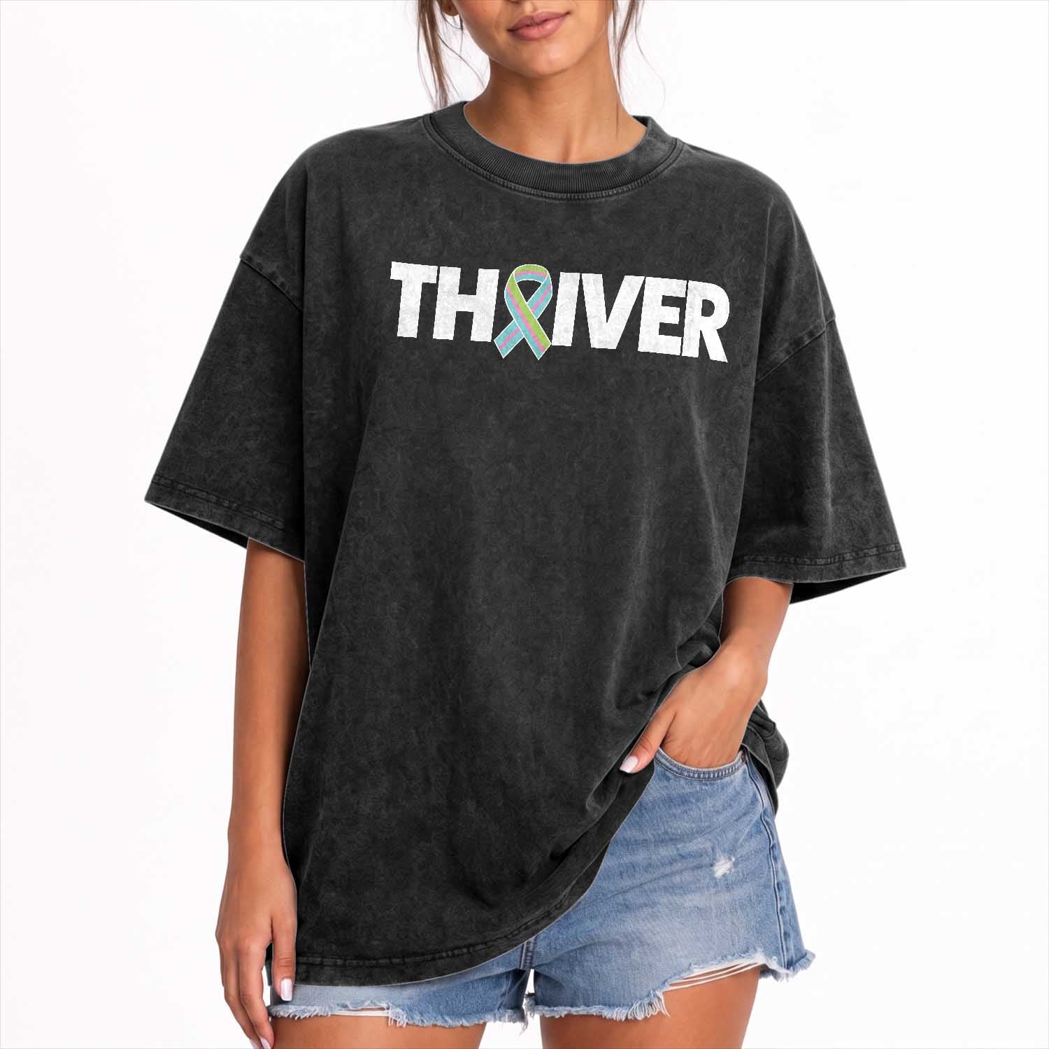 Metastatic Breast Cancer Thriver Washed Cotton T-Shirt Minimalist Ribbon Graphic