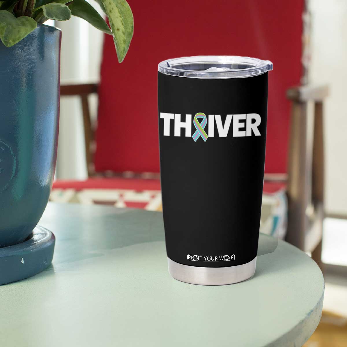 Metastatic Breast Cancer Thriver Tumbler Cup Minimalist Ribbon Graphic