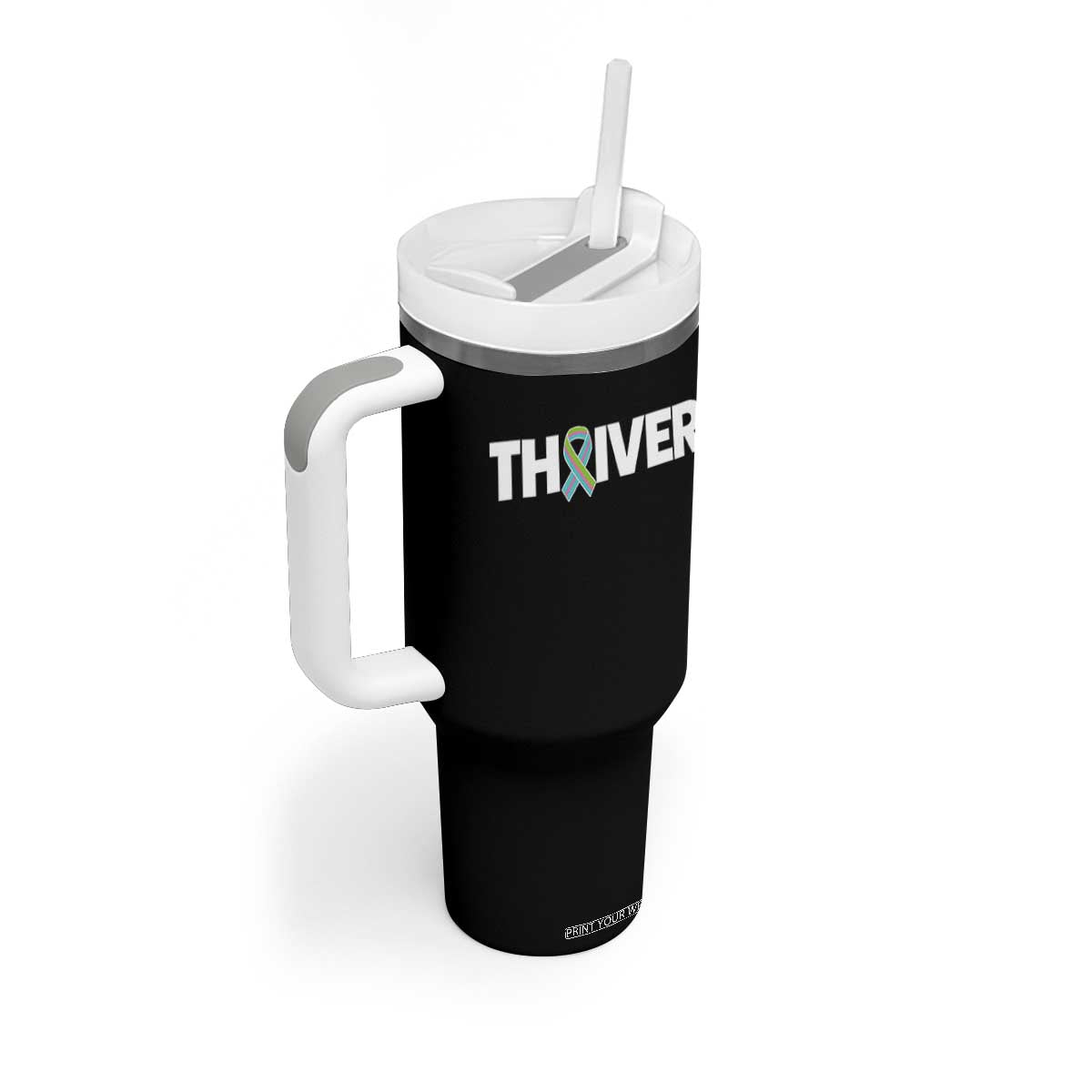 Metastatic Breast Cancer Thriver Tumbler With Handle Minimalist Ribbon Graphic