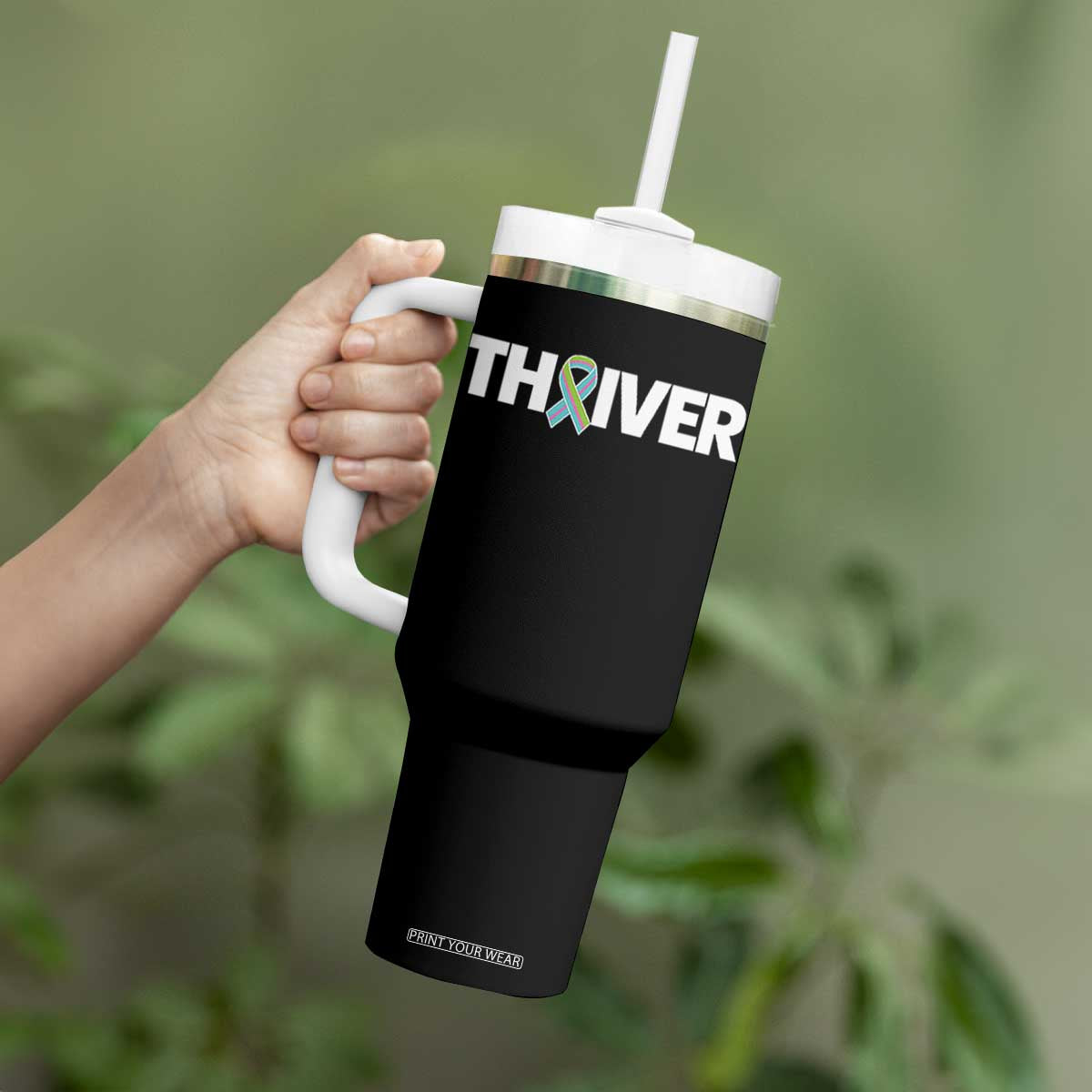 Metastatic Breast Cancer Thriver Tumbler With Handle Minimalist Ribbon Graphic