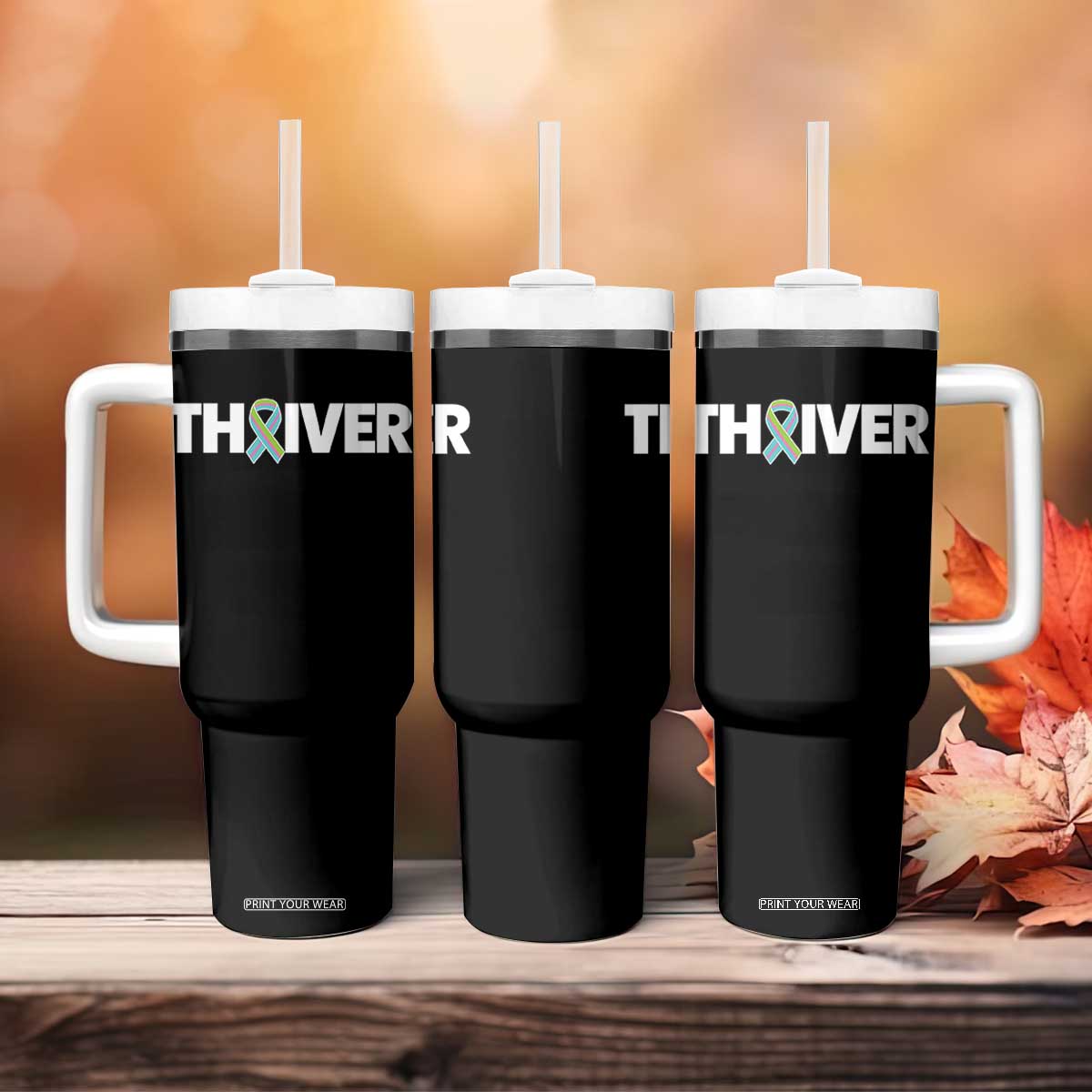 Metastatic Breast Cancer Thriver Tumbler With Handle Minimalist Ribbon Graphic