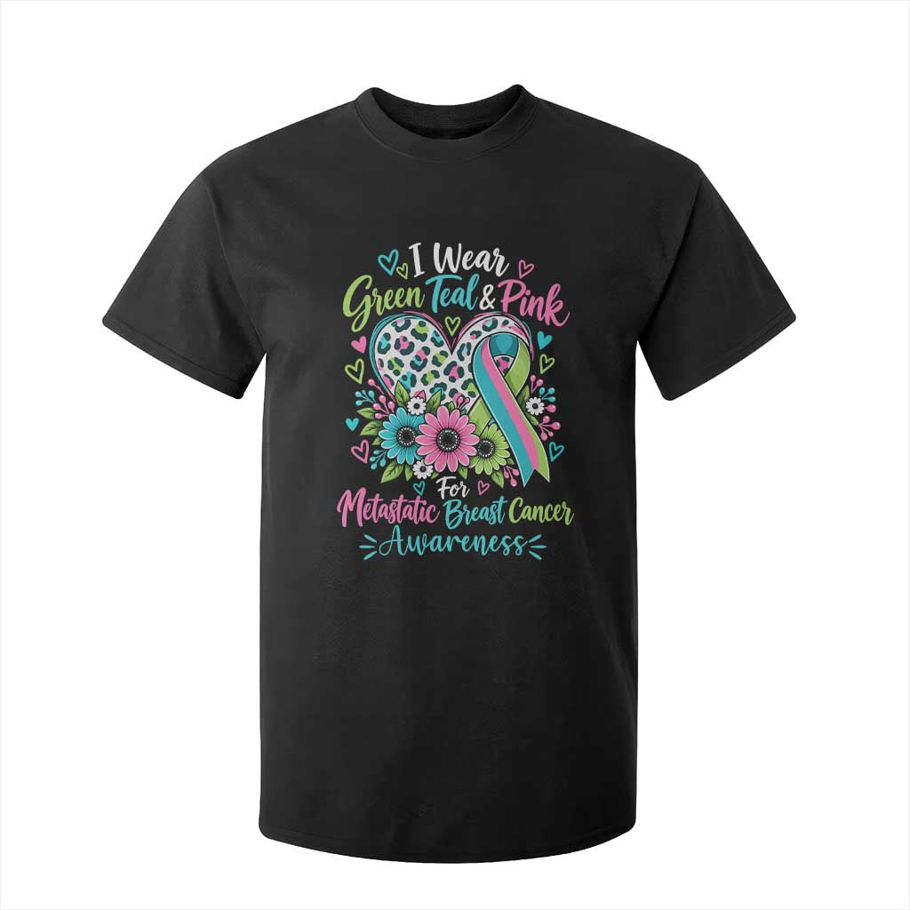 I Wear Green Teal Pink For Metastatic Breast Cancer Awareness T Shirt For Kid
