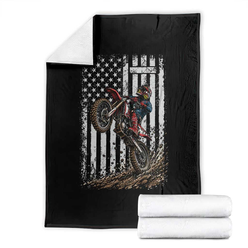 Dirt Bike Christian Cross American Flag Throw Blanket Distressed Motocross Faith Off Road Motocross Wheelie