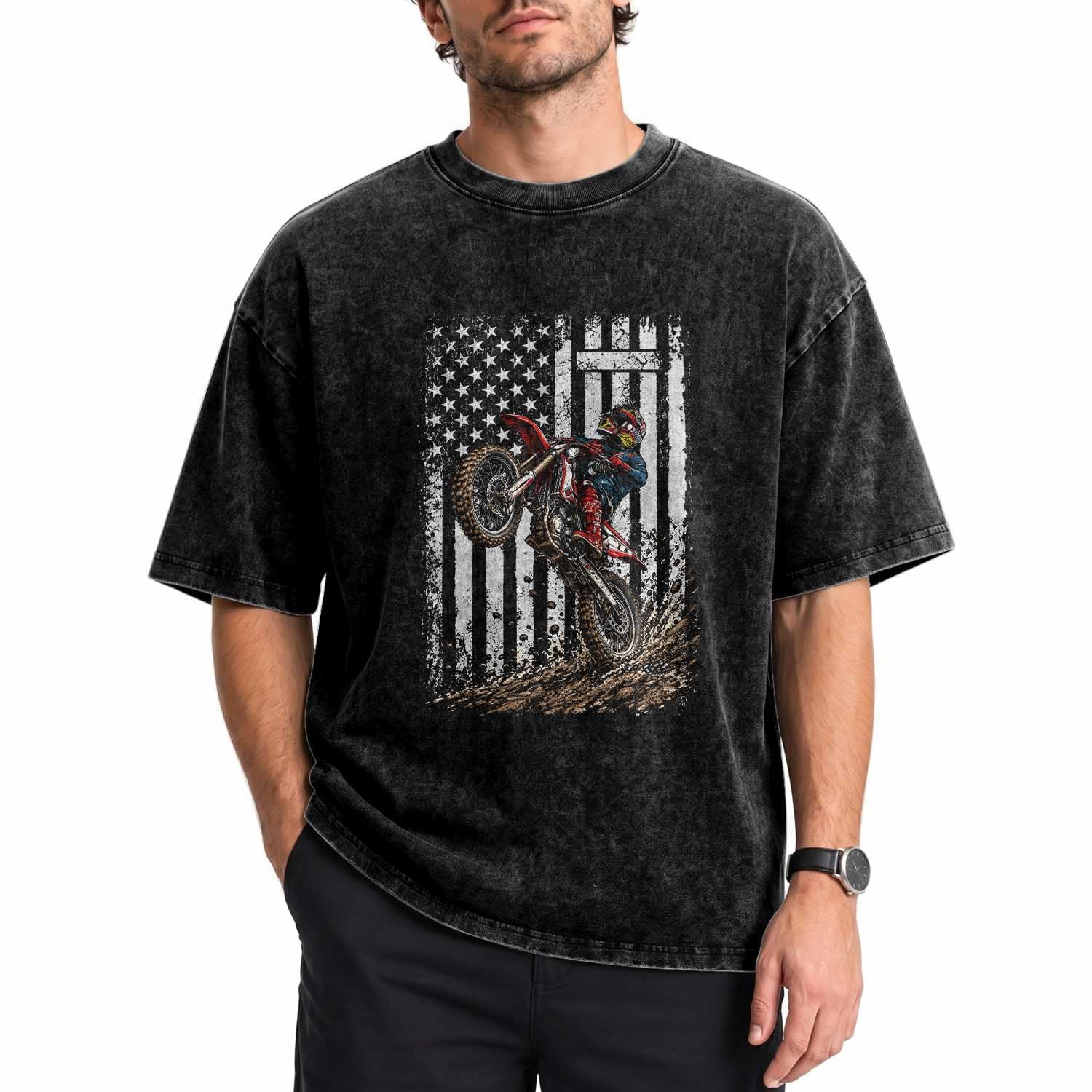 Dirt Bike Christian Cross American Flag Washed Cotton T-Shirt Distressed Motocross Faith Off Road Motocross Wheelie
