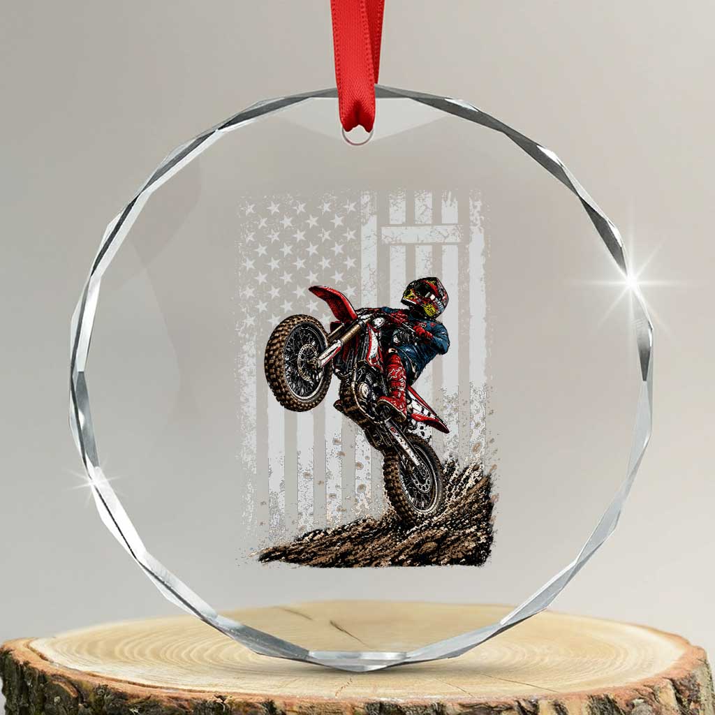 Dirt Bike Christian Cross American Flag Crystal Glass Ornament Distressed Motocross Faith Off Road Motocross Wheelie