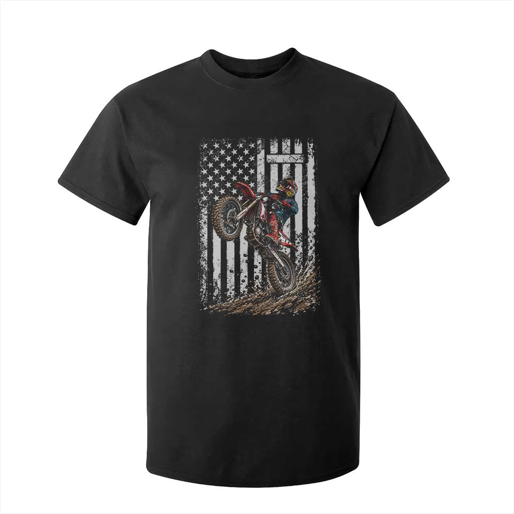 Dirt Bike Christian Cross American Flag T Shirt For Kid Distressed Motocross Faith Off Road Motocross Wheelie
